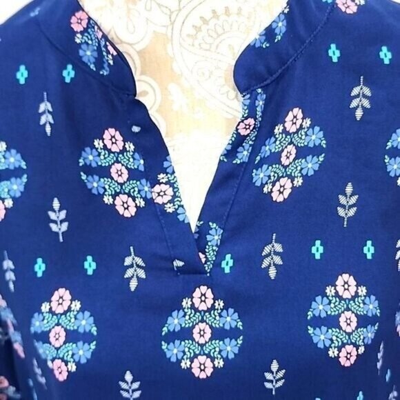 Pink Rose Women's Blue and Pink Floral 3/4 Tab Sleeve V Neck Top, Medium - Picture 2 of 8